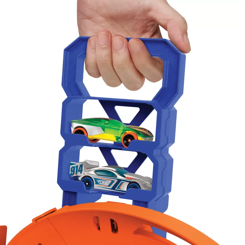 Sale Pista A Spirale, Playset Con Lanciatori, Salto Nel Vuoto E Zona Di Collisione, Include 2 Macchinine Garage E Circuiti