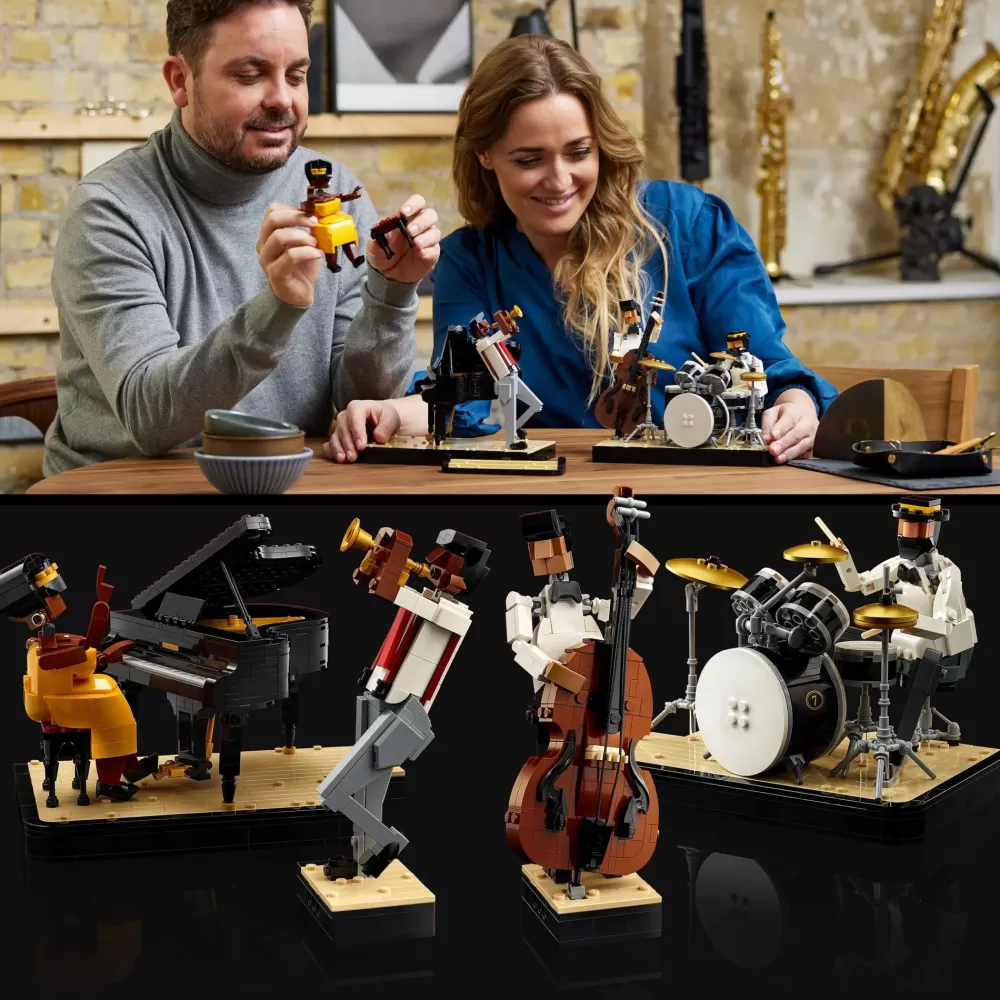 Store 21334 Quartetto Jazz, Idee Regalo Per Adulti Amanti Della Musica Con Musicisti E Strumenti: Pianoforte E Batteria Mattoncini