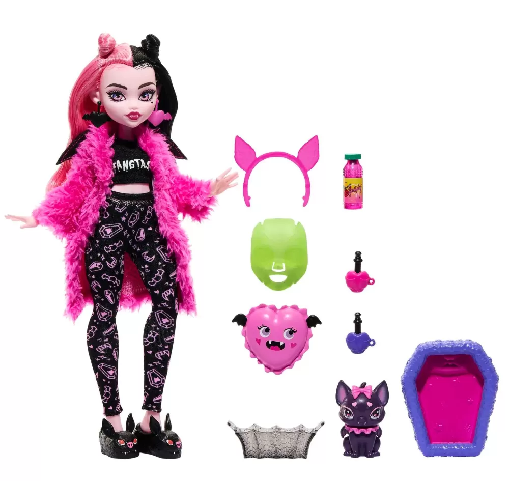 Best Sale Draculaura Creepover Party, Bambola Con Outfit Dettagliato E Accessori Per Il Pigiama Party, Cucciolo Di Pipistrello Conte Fabulous Incluso Fashion Dolls