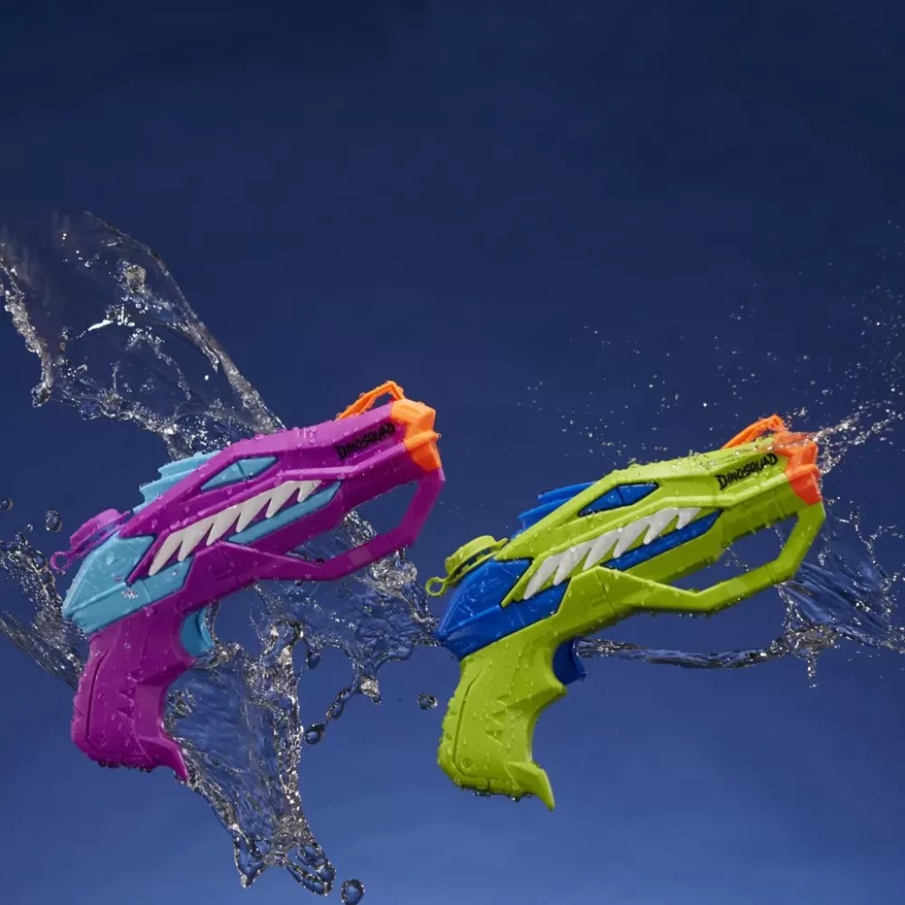 Hot Super Soaker Dinosquad, 2 Raptor-Surge, Include 2 Soaker Con Design A Forma Di Dinosauro Pistole Ad Acqua
