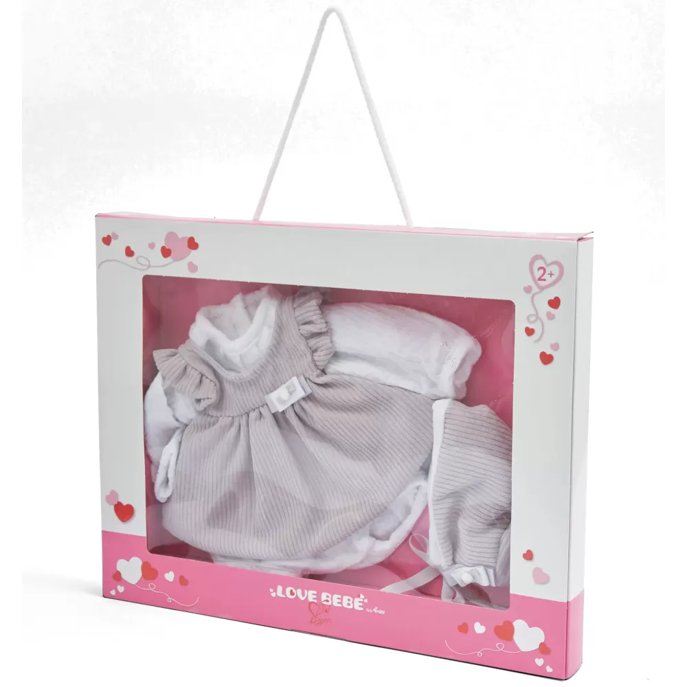 New Vestito Bebe Reborn 45 Cm Beige A Coste Con Camicia Bianca E Decorazioni Argentate Bambolotti